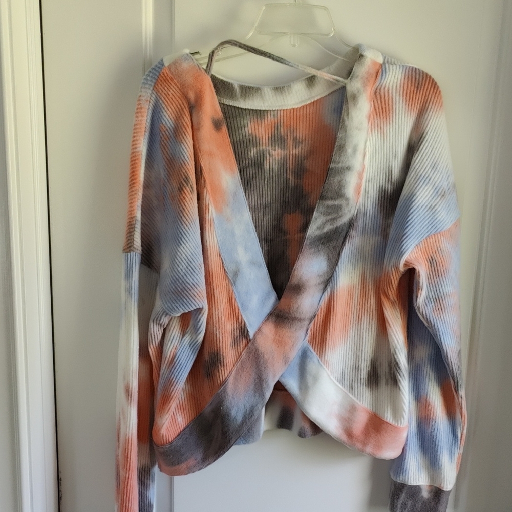 flirtitude Tie-Dye Ribbed V-Neck Cardigan in Blue, Orange & Gray